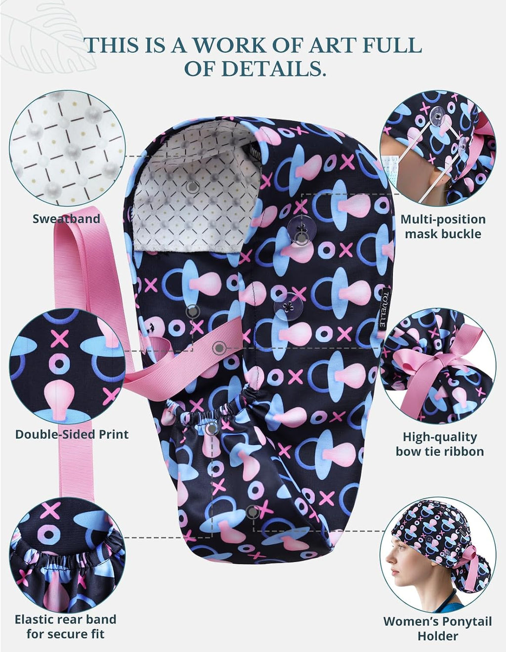 Scrub Caps Women Ponytail, Surgical Hat with Buttons and Sweatband