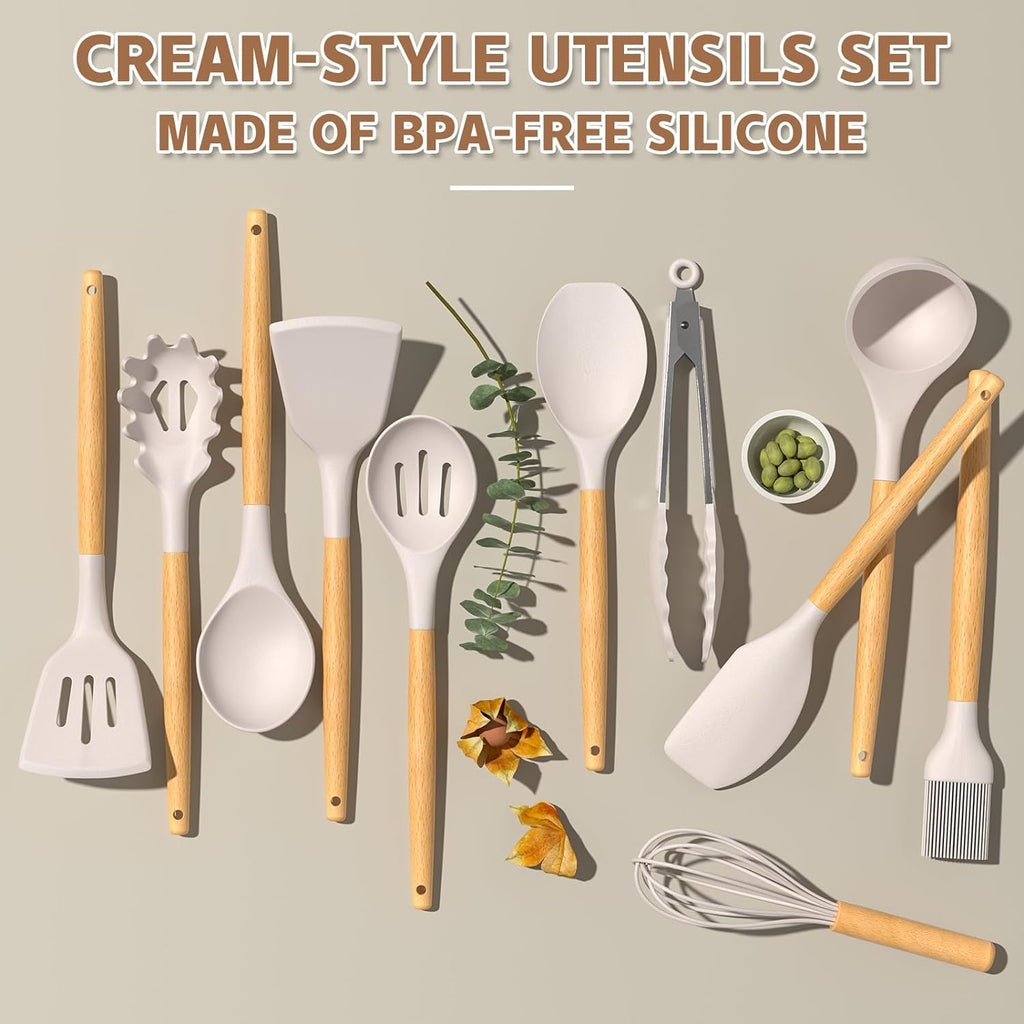 Kitchen Cooking Utensils Set, 33 pcs Non-Stick Silicone Cooking Kitchen Utensils Spatula Set with Holder, Wooden