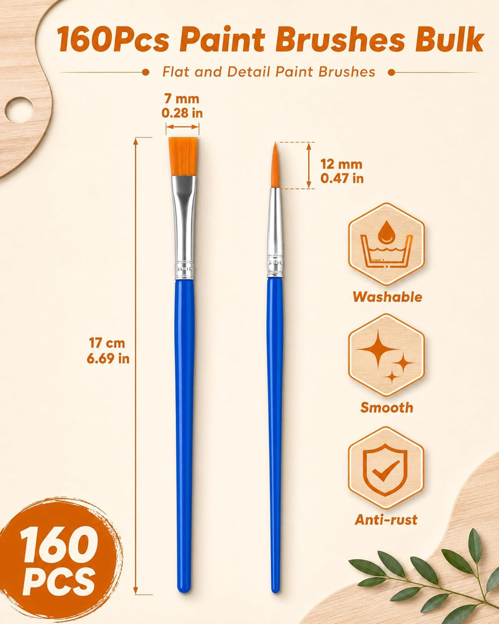 Small Paint Brushes Bulk, 160 Pcs Flat Tip Round Acrylic Paint Brushes for Kids Classroom Acrylic Watercolor Canvas