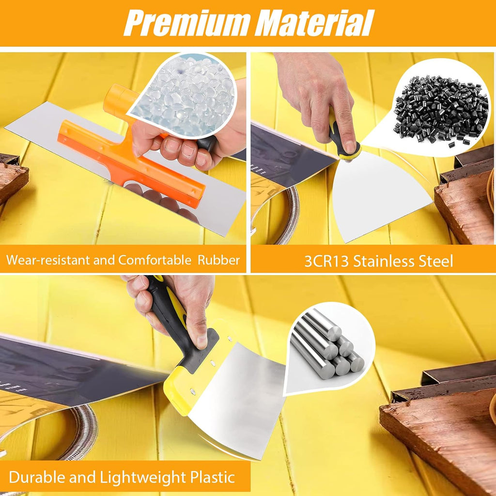 Drywall Knife Set, 8 Pieces Stainless Steel Drywall Hand Tool Kit Includes Taping Knives, Putty Knives, Finishing