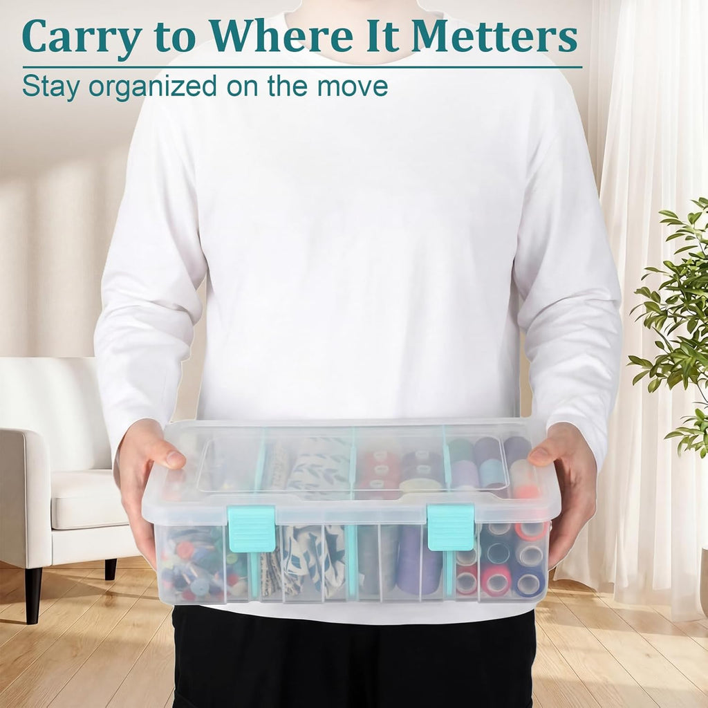 Clear Plastic Dividing Storage Box with 4 Compartments Adjustable Storage Bin with Lid Plastic Craft Storage