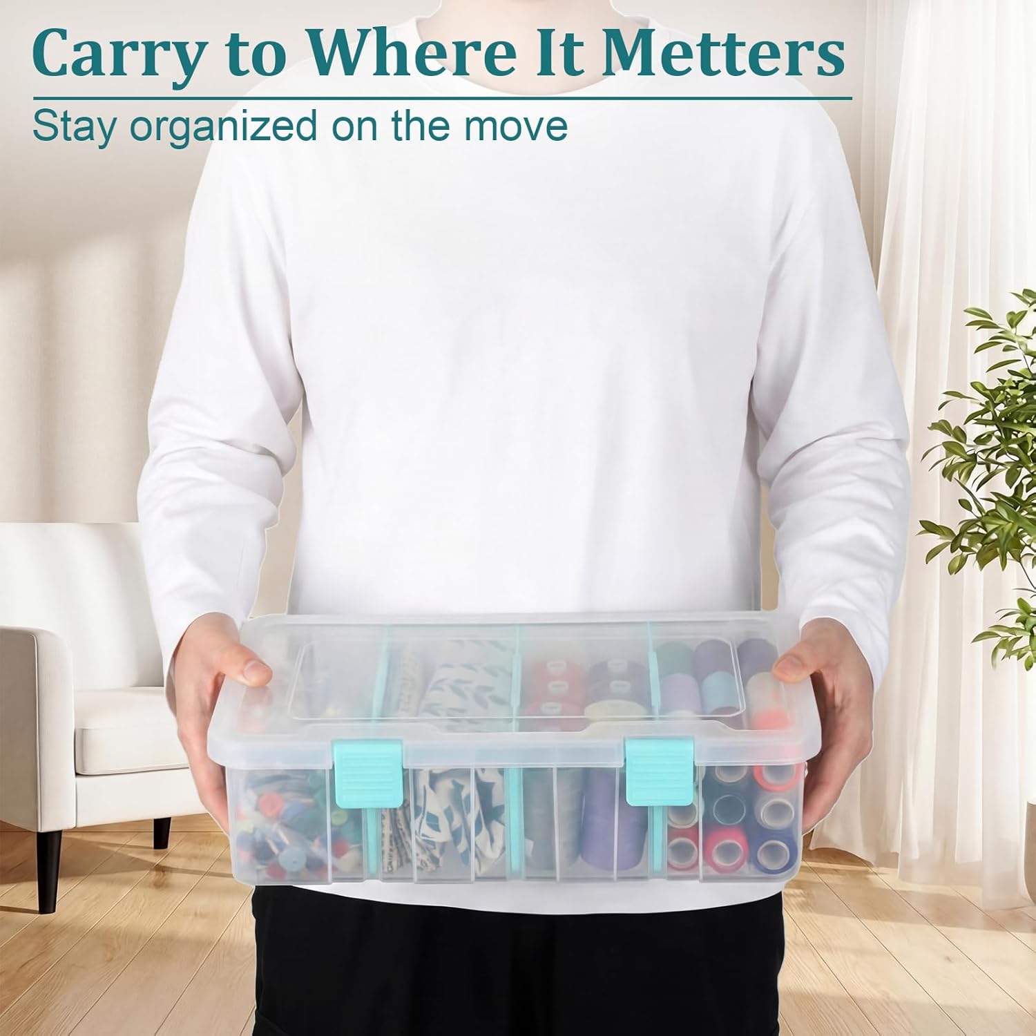 Clear Plastic Dividing Storage Box with 4 Compartments Adjustable Storage Bin with Lid Plastic Craft Storage