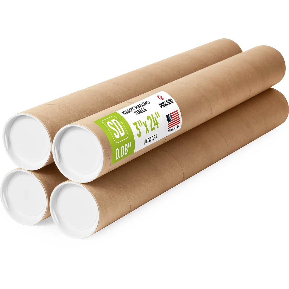3" x 24" Made in USA Kraft Paper Mailing Tube, 4 Tubes, 8 Caps