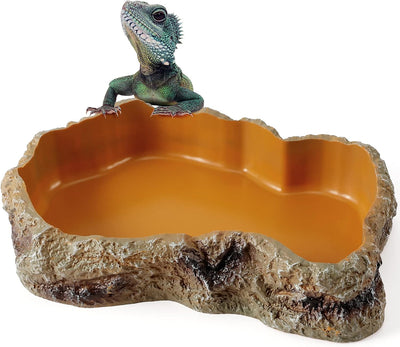 Reptile Food Water Bowl, Large Resin Rock Feeding Dish for Bearded Dragon
