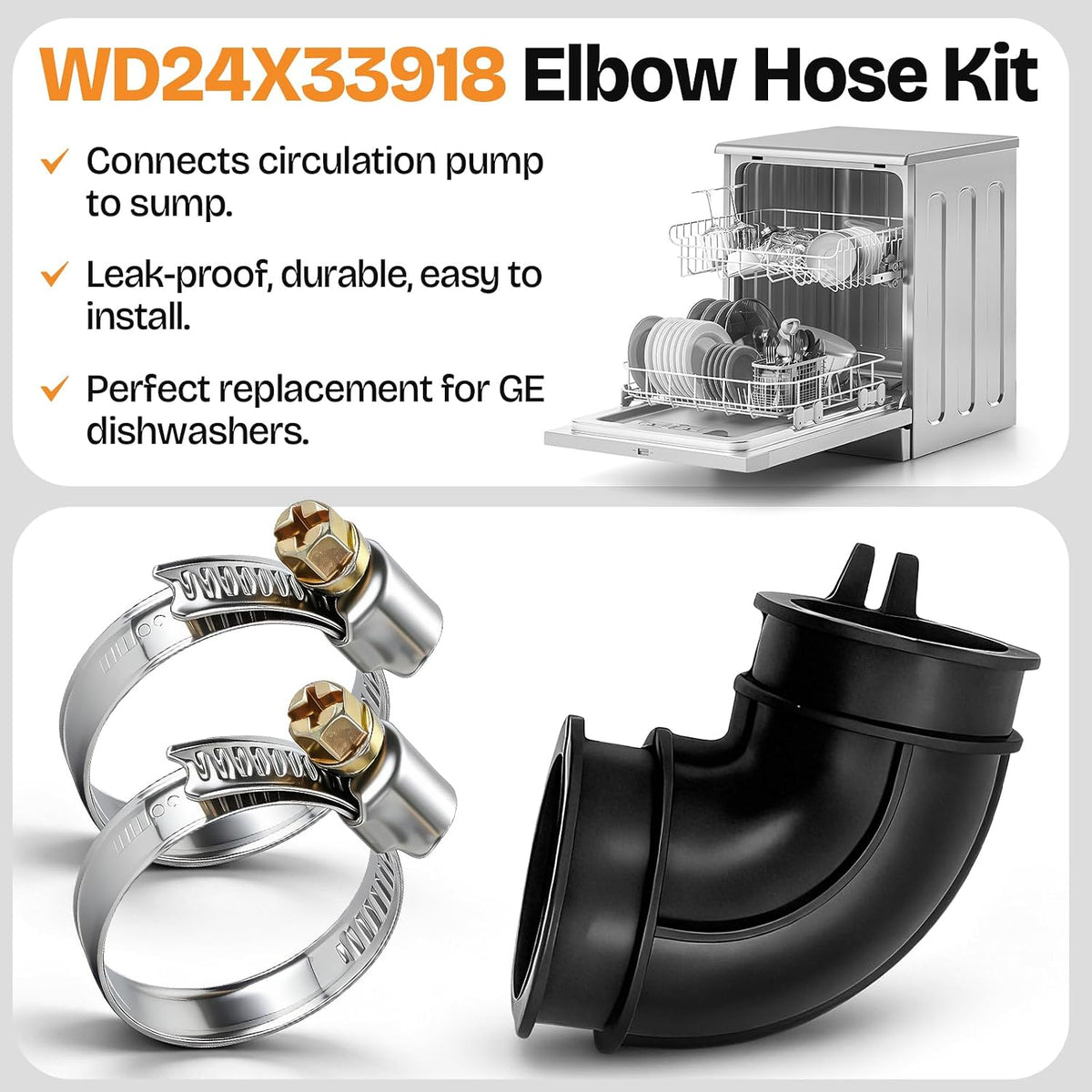For GE GDT645SYN2FS Dishwasher Elbow Hose and Clamp Kit Replacement