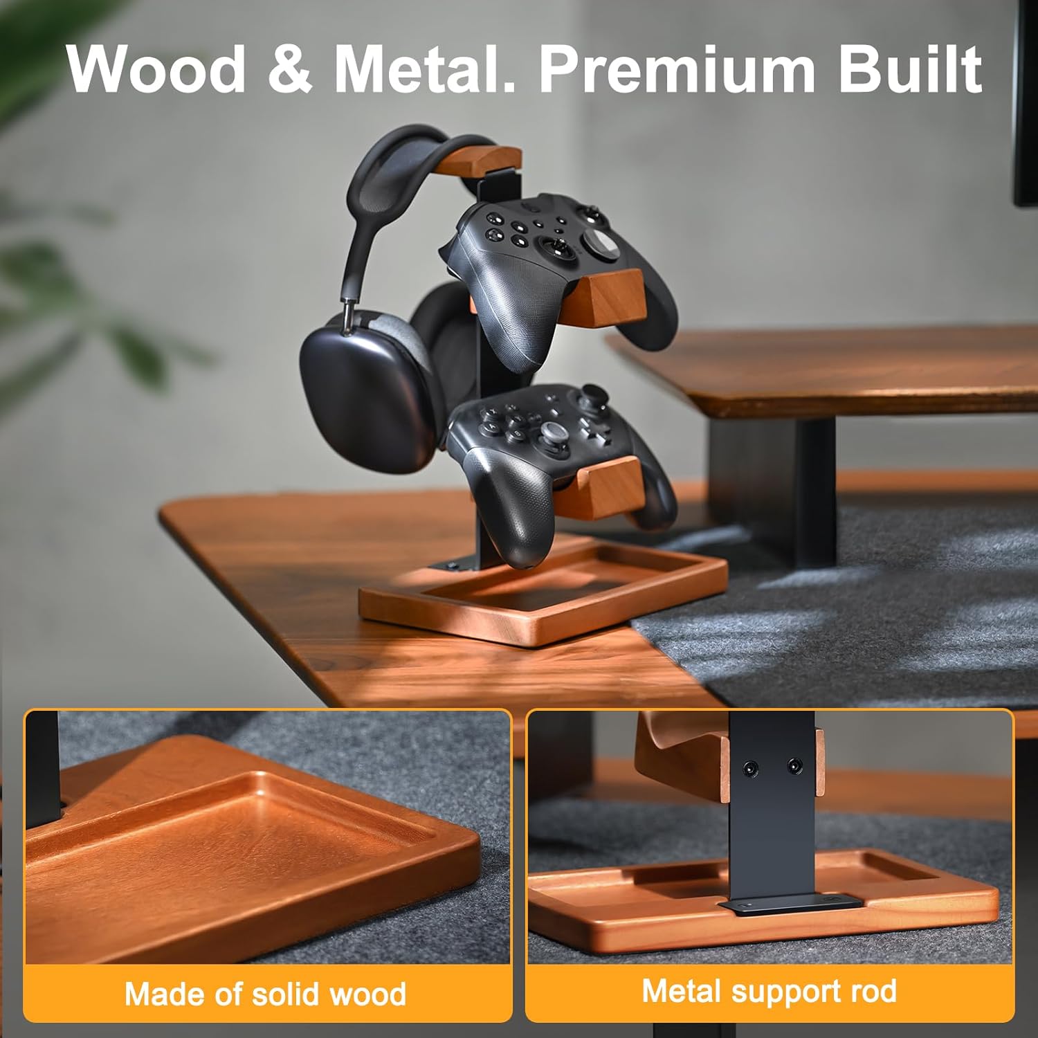 Solid Wood Controller Holder and Headphone Stand, Controller Stand for Desk | Dual Gaming Controller Organizer Rack
