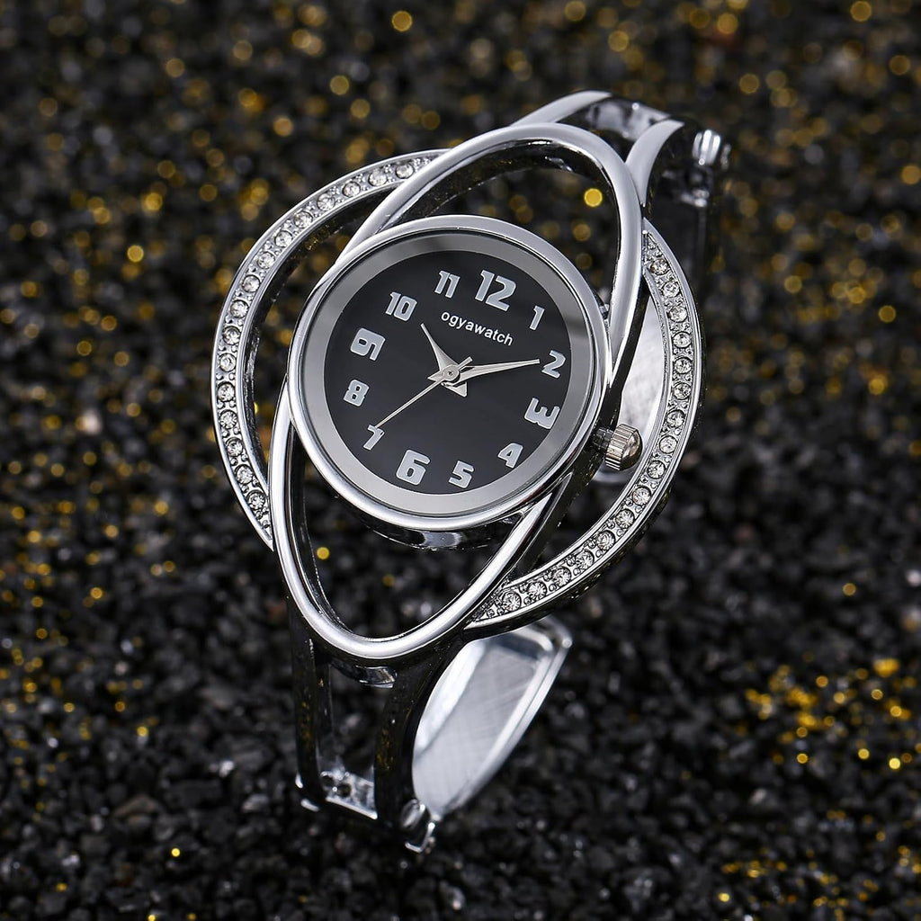 Bracelet Watches for Women: Stainless Steel Chunky Cuff Wrisrwatch - Analog Quartz Arabic Numerals Dial with Zircon