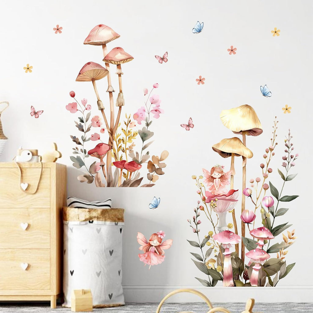 Fairy Mushroom Wall Decals for Nursery, Watercolor Floral Wall Stickers | with Butterflies and Flowers, Peel and