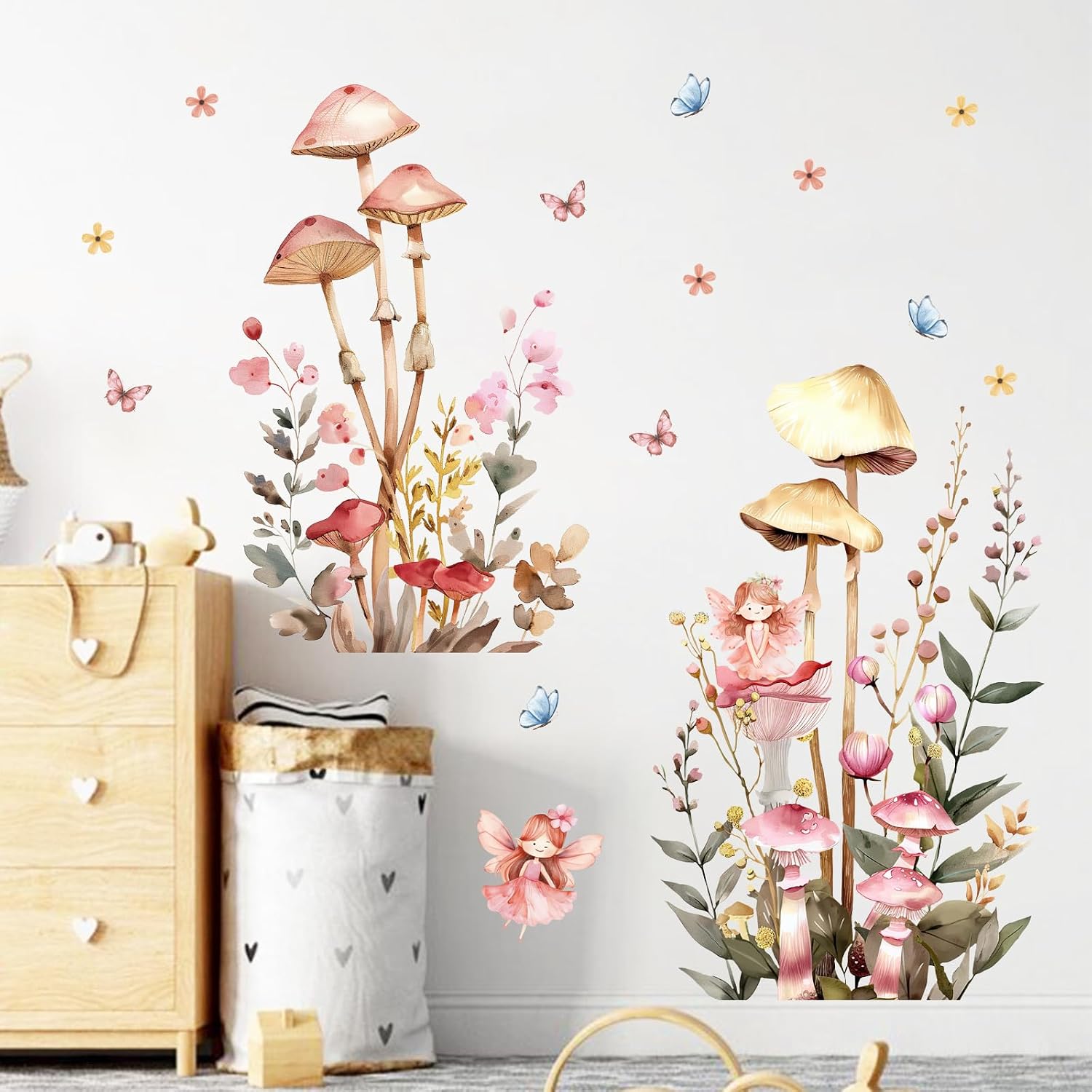 Fairy Mushroom Wall Decals for Nursery, Watercolor Floral Wall Stickers | with Butterflies and Flowers, Peel and