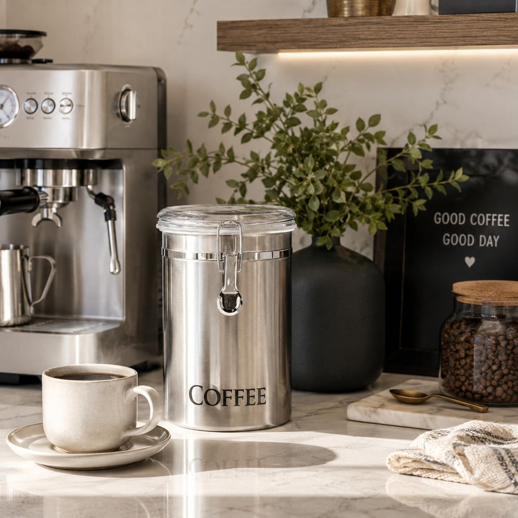 Stainless Steel Coffee Canister 62 fl oz - Airtight Clamp Lid, Clear See-Thru Top - Ideal for Coffee Bean Storage
