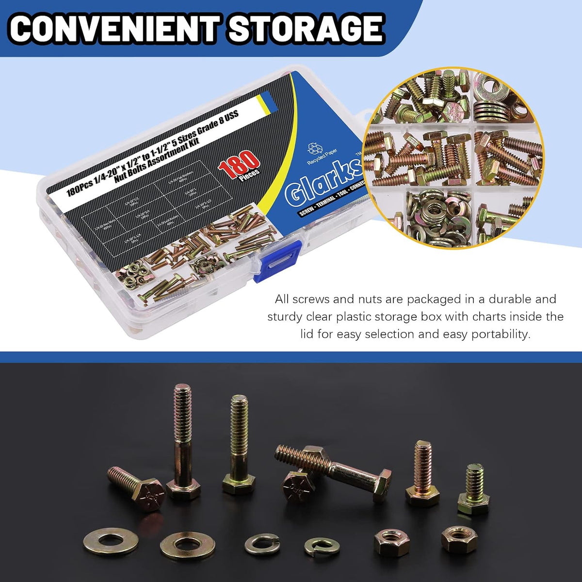Glarks 180Pcs 1/4"-20 Grade 8 Coarse Thread Hex Bolts Nuts Screws Washers Assortment Kit, 5 Size 1/2", 3/4", 1", 1-1/4", 1-1/2" Hex Head Cap Screws and Hex Nuts Flat Washers Lock Washers Set