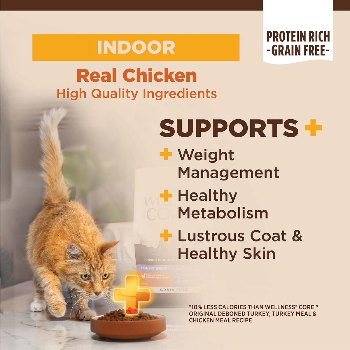 CORE+ Adult Dry Cat Food for Indoor Cats, Natural, Grain Free Kibble, Chicken, Turkey and Chicken Meal Recipe, 5 lb Bag
