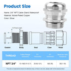 4 Pcs 3/4" NPT Nickel-Plated Copper Cable Gland