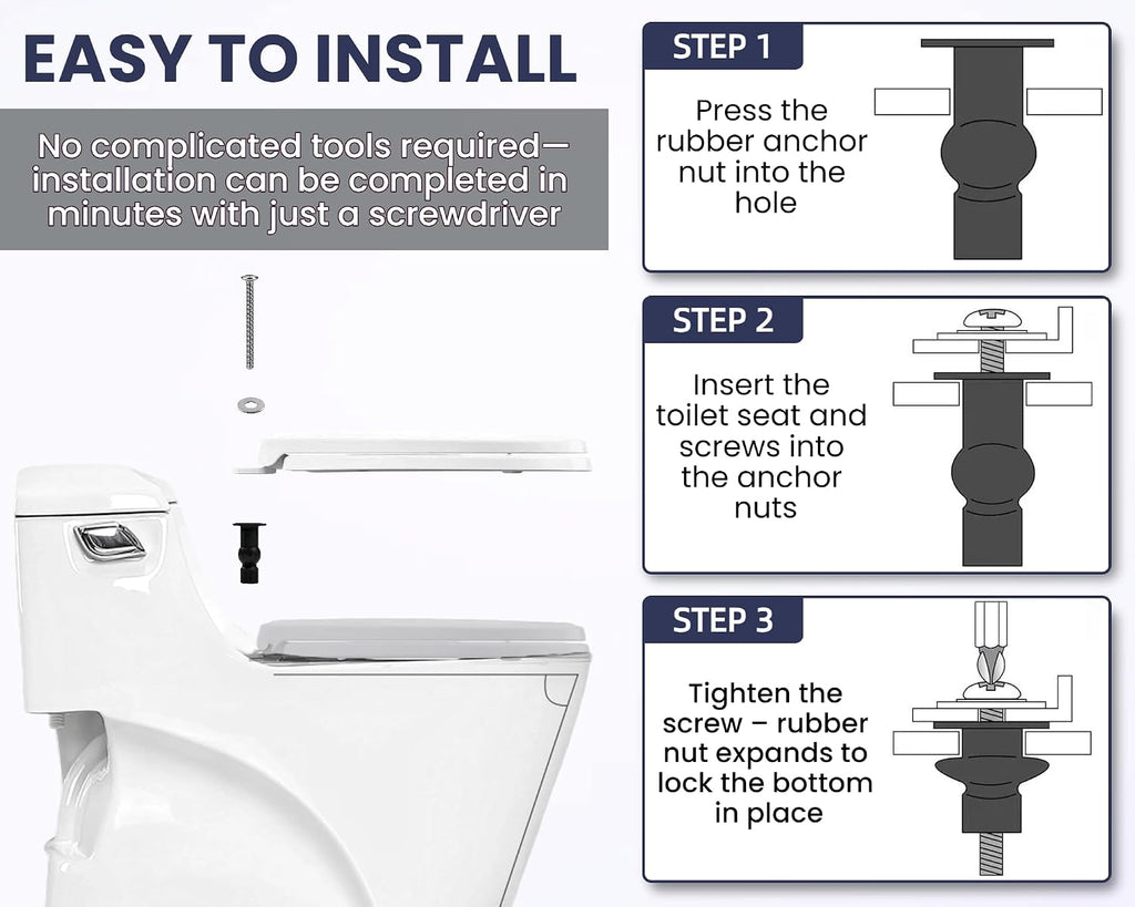 3/8" Dia Toilet Seat Screws Replacement Kit for Select Kohler One-Piece Toilet - Top Mount Hinges Toilet Bolts with Rubber Anchor Nuts, Compatible with Kohler Toilet Seat Parts K-84999 & K-85040-4PC