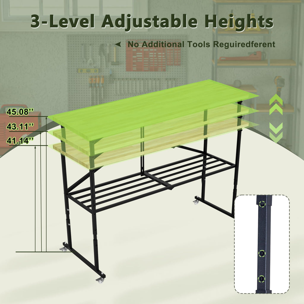 68.5" Adjustable Workbench, Heavy Duty Folding Work Table with Wheels, Workshop Tool Bench 2000 LBS, Metal with
