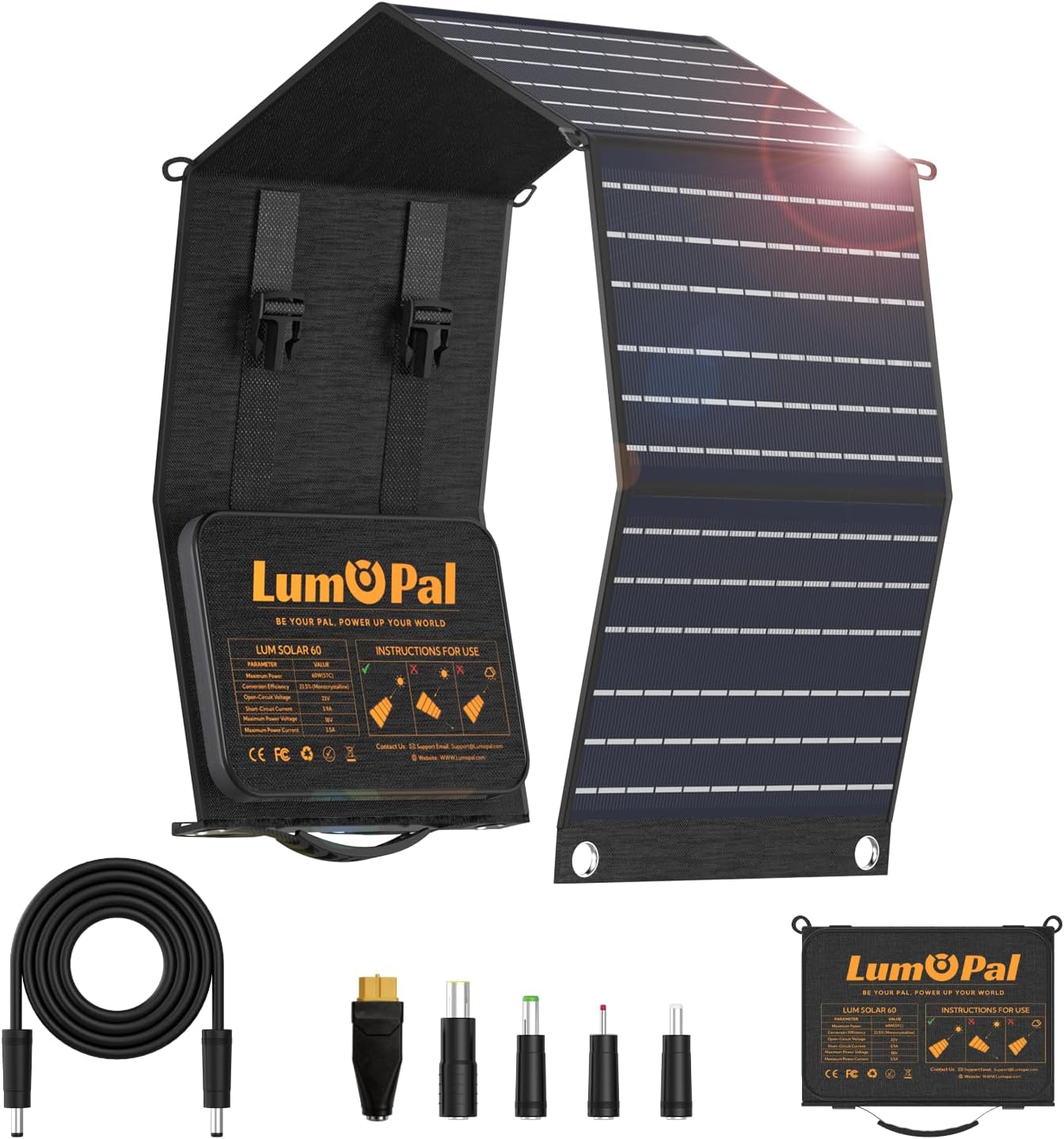 Portable Solar Panel, LUMOPAL 60W Foldable Solar Panels Folding Solar Charger with PD60W USB C QC3.0 USB A Output