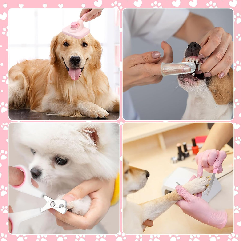 8 Pcs Dog Grooming Kit with Self Cleaning Tools: Nail Clipper, Flea Comb, Shampoo Brush, Shedding Brush, Dematting