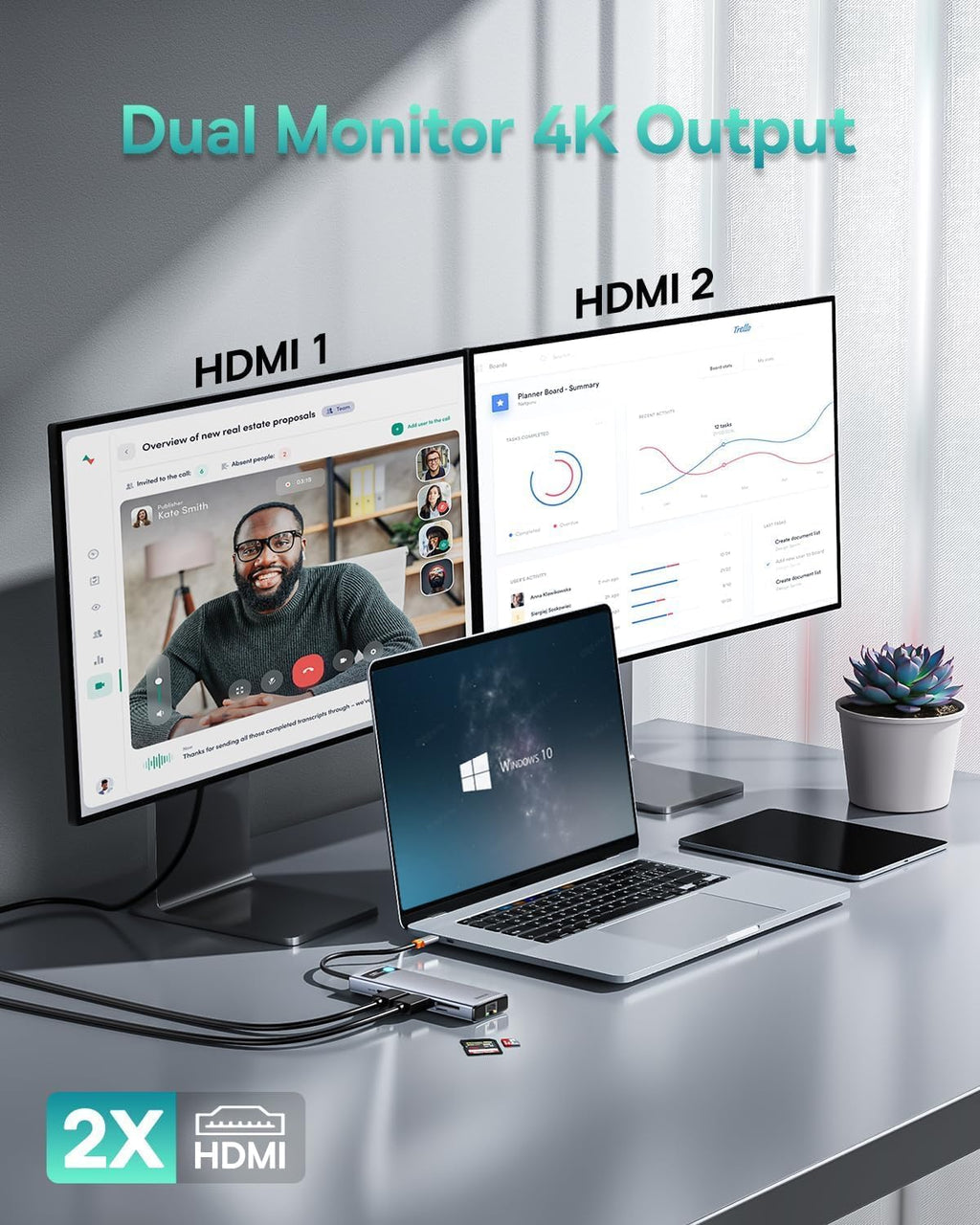 Laptop Docking Station Dual Monitor 9 in 1 USB C Hub up to 4K@120Hz | 2 HDMI, 1000Mbps LAN, Max 85W PD, 3 USB, SD