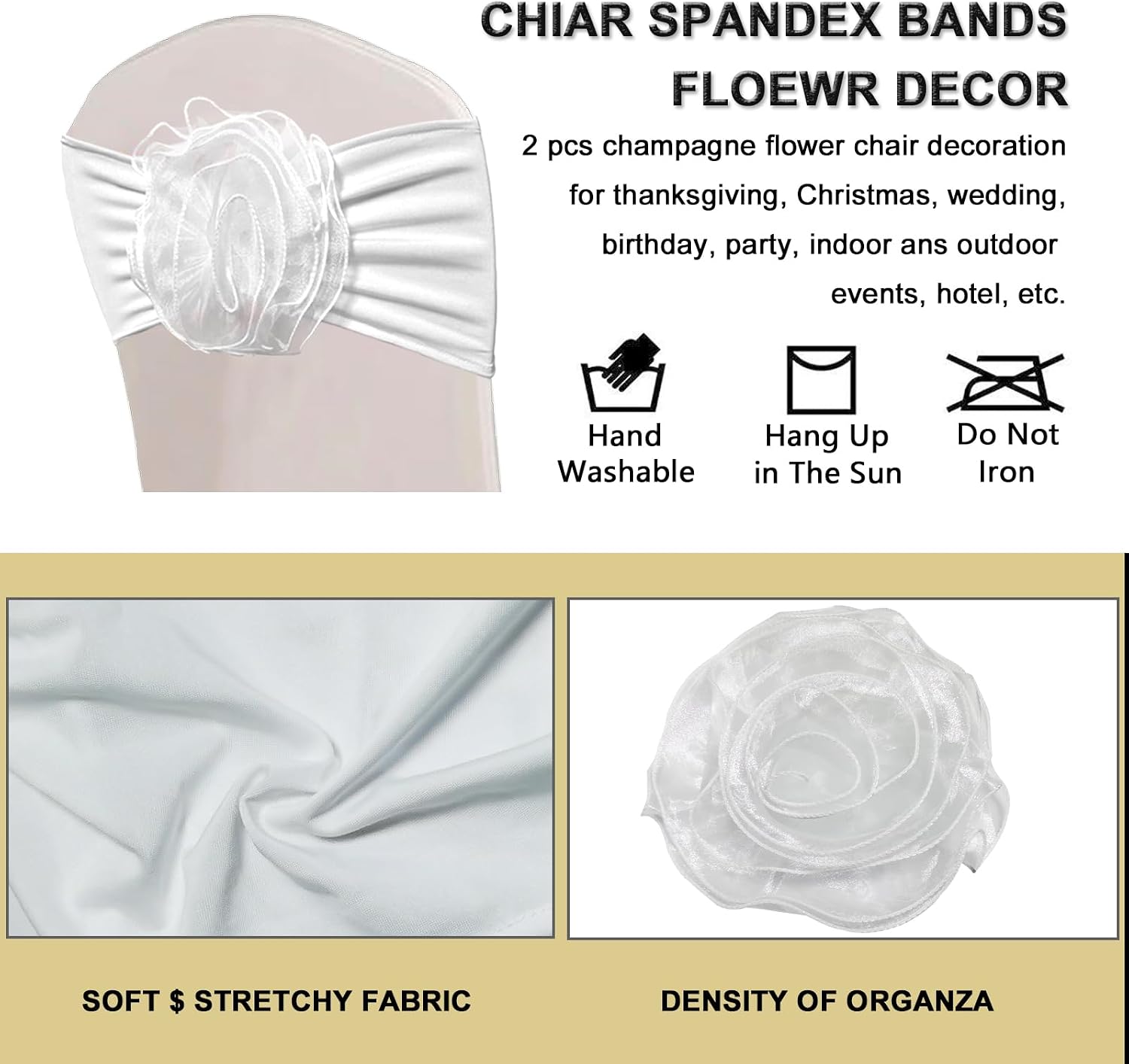 SFN 2 PCS White Flower Chair Sashes Chair Cover Chair Spandex Bands Bows tie for Thanksgiving Christmas Wedding