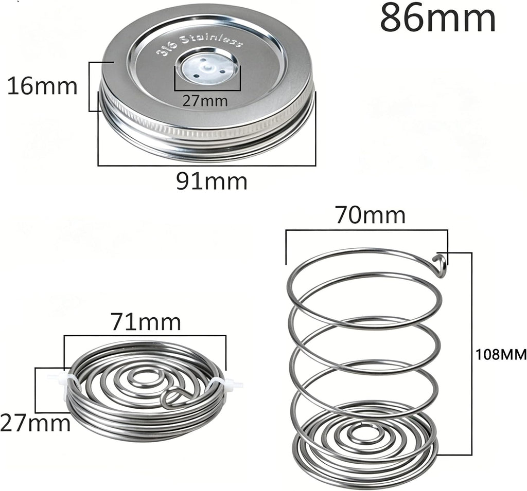 Stainless Steel Fermentation Lids Kit with Springs and Silicone Airlock for 16/24/32/64Oz Wide Mouth Mason Jars