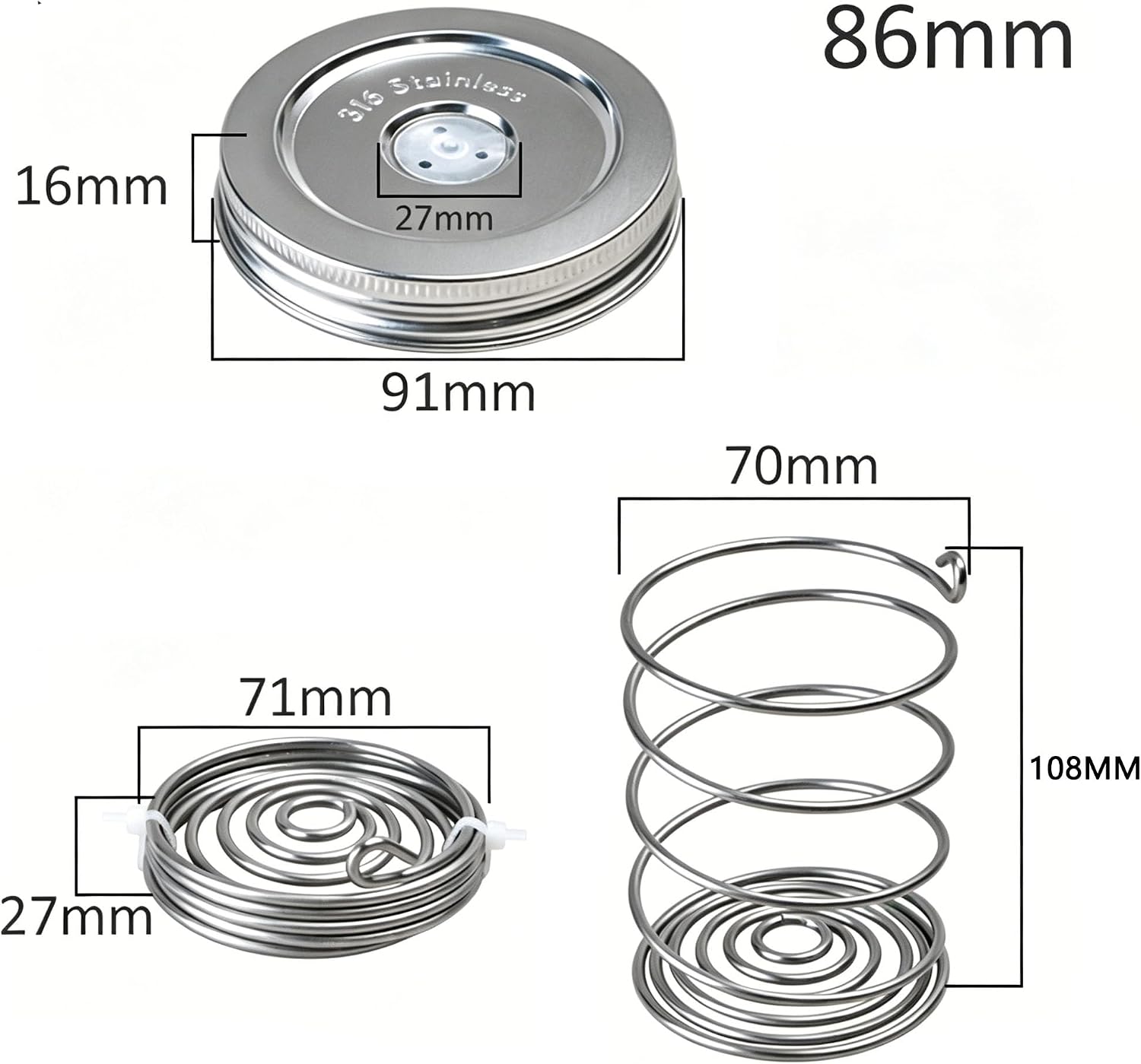 Stainless Steel Fermentation Lids Kit with Springs and Silicone Airlock for 16/24/32/64Oz Wide Mouth Mason Jars