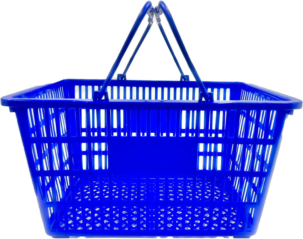 Stackable Plastic Shopping Baskets, Red and Blue, Easy-Grip Handles for Grocery, Retail, Liquor Stores, Home Use