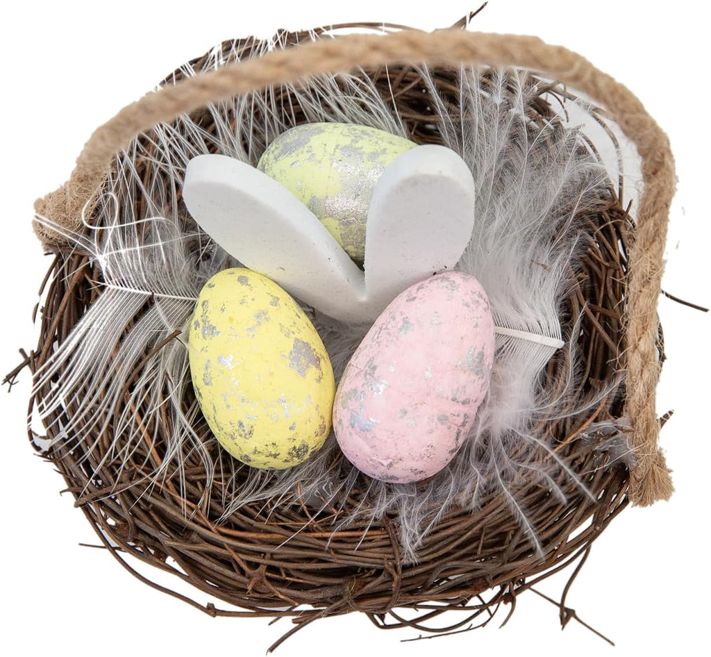 Easter Bunny Basket Decoration with Flowers, Woven Jute Basket with Handle, Spring Decor with Pastel Eggs (F)
