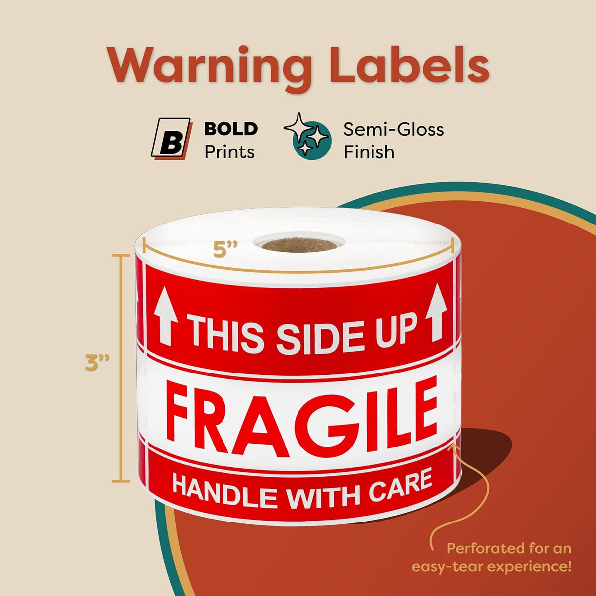 3" X 5" This Side Up Arrow - Handle with Care (1 Roll, 500/Roll)