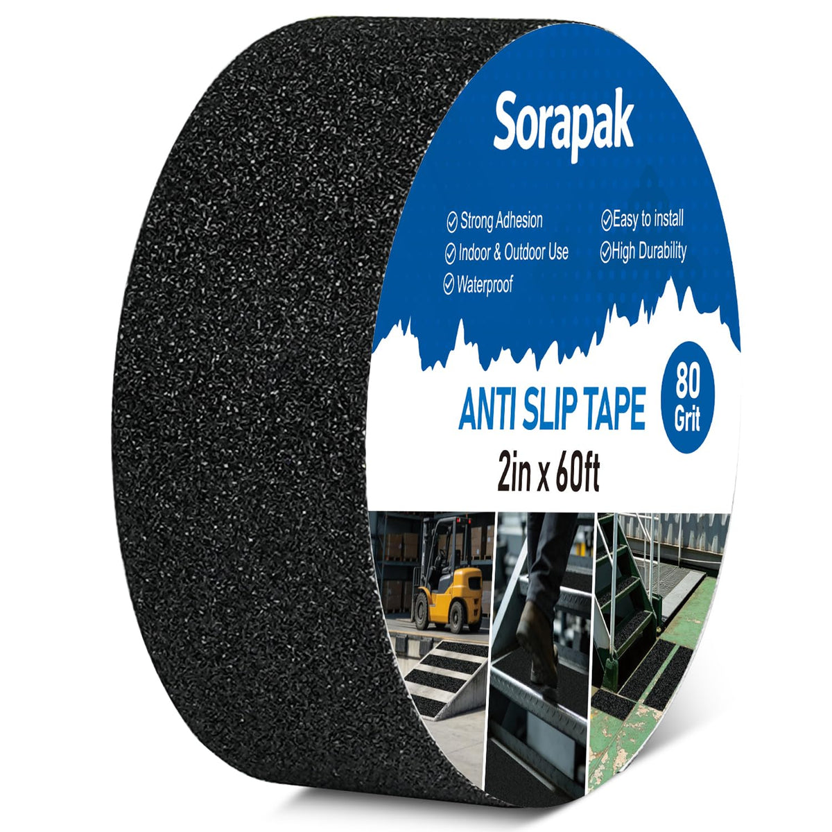 Anti Slip Tape 2 in x 60 ft, 80 Grit Non Skid Grip for Stairs