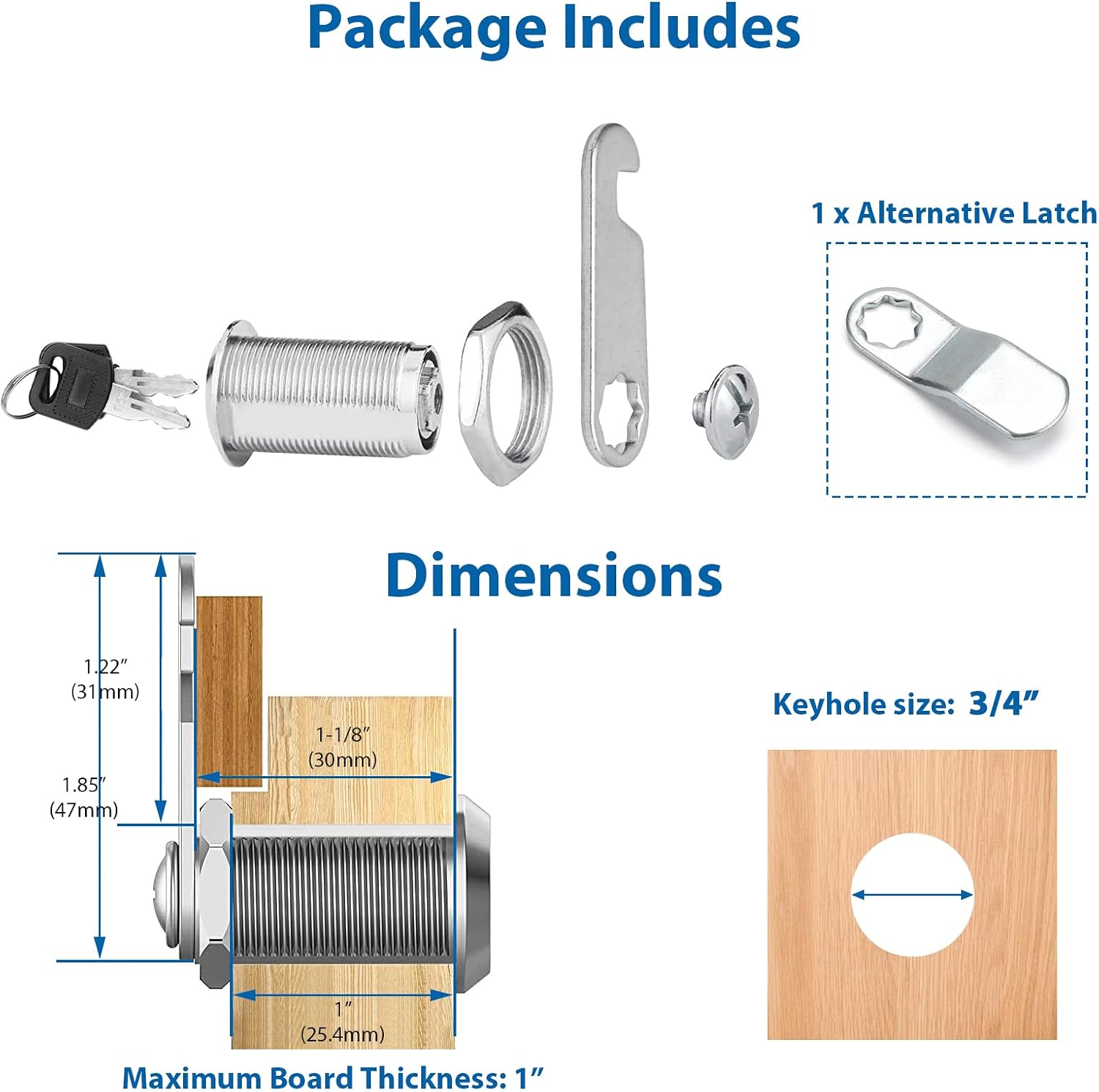 Keyed Alike, Cabinet Cam Lock 1-1/8 Inch File Cabinet Lock Drawer Locks with Keys Cam Lock for Toolbox Mailbox Lock