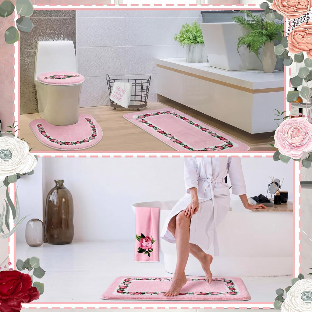 6 Pcs Pink Rose Bathroom Rugs Set with Rose Hand Towels Non Slip U-Shaped Toilet Rug Water Absorption Bath Mat for