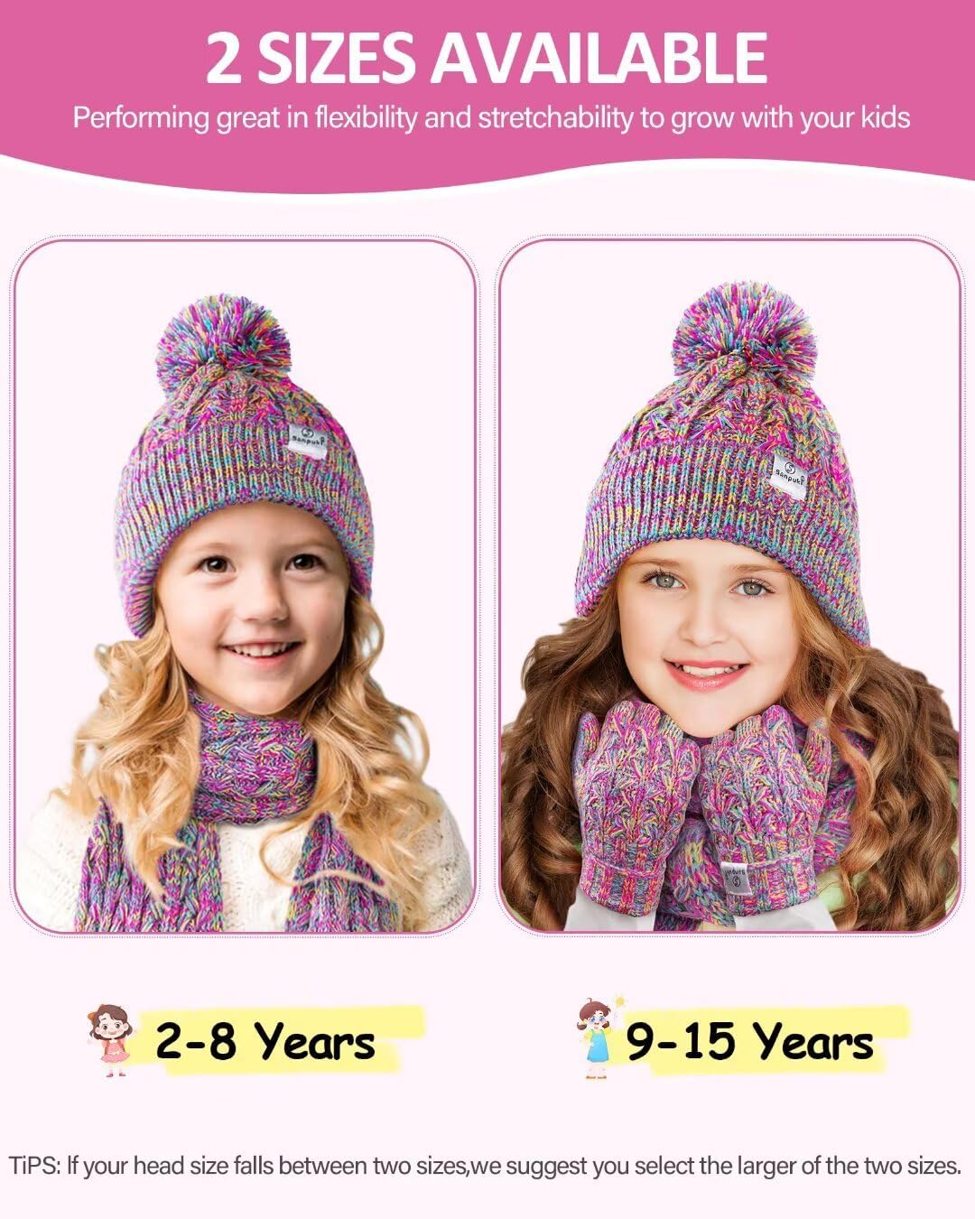 Kids Winter Hat Gloves Scarf Set,Girls Toddler Winter Hat Beanie with Pom Neck Warmer Gaiter Mittens Fleece Lined Set