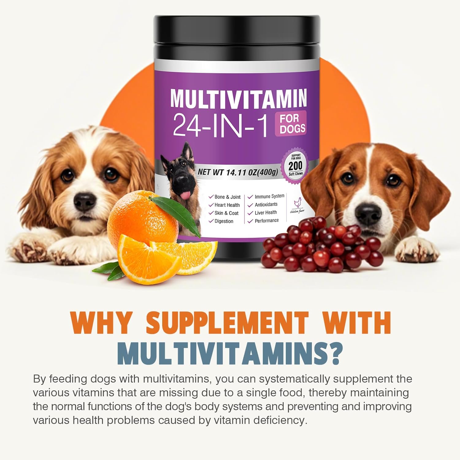24-in-1 Dog Vitamins and Supplements 200 Ct Dogs Multivitamin Chewable Contain Chondroitin Probiotics Omega-3