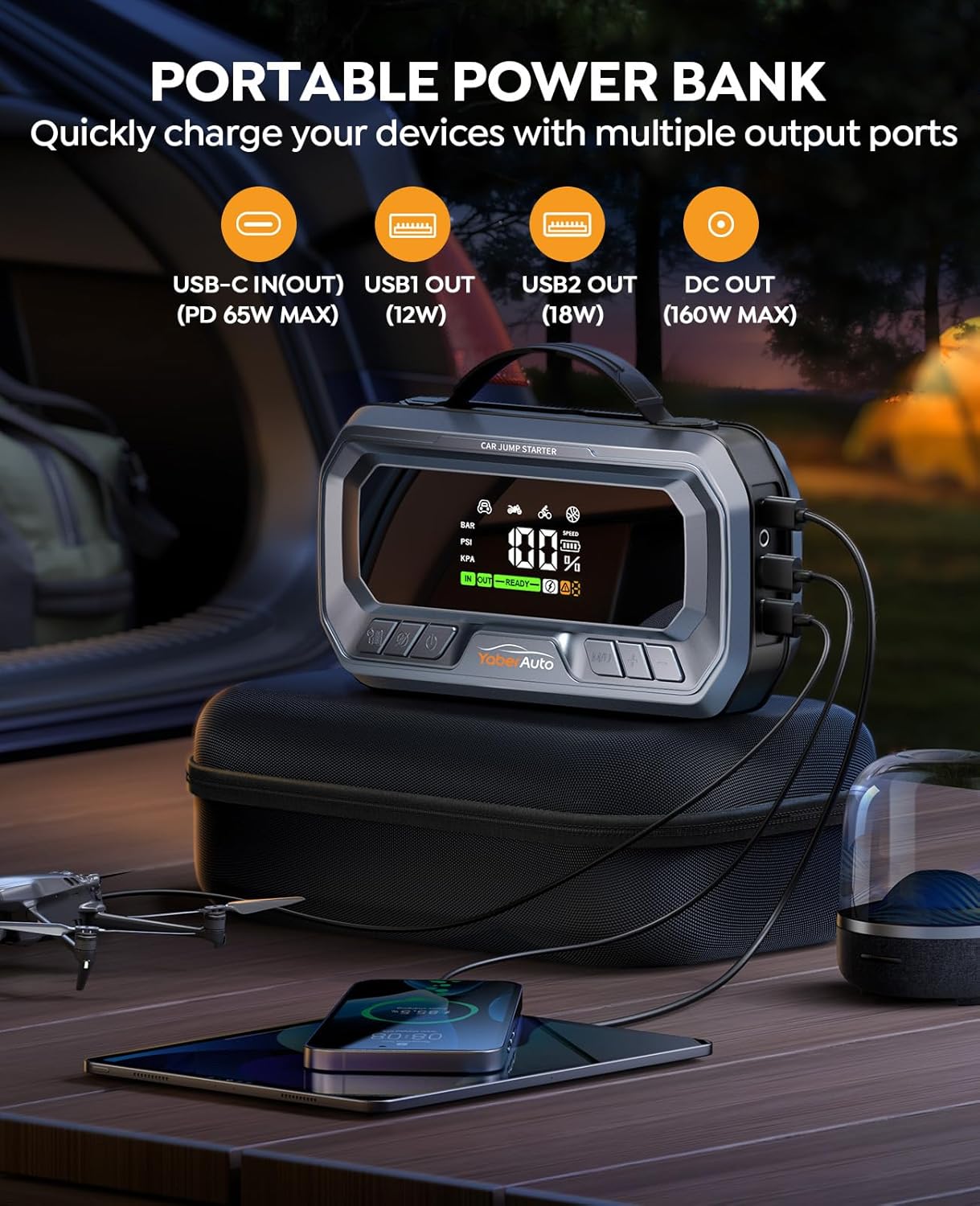 12-in-1 Jump Starter with Air Compressor 8000A 160PSI 65W Charging, Portable Car Battery Jump Starter (All Gas/14L