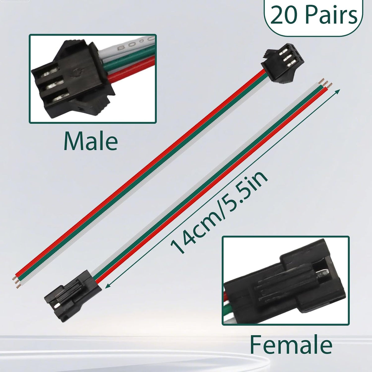 3 Pin JST SM Connector 20 Pairs, 15cm 22AWG Pigtail