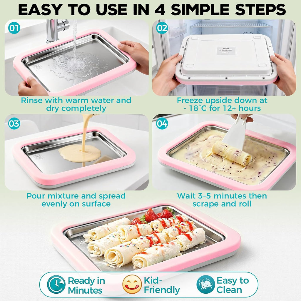 Rolled Ice Cream Maker with Quick Start Guide - DIY Instant Ice Cream Tray Kit, Includes 2 Scrapers for Manual