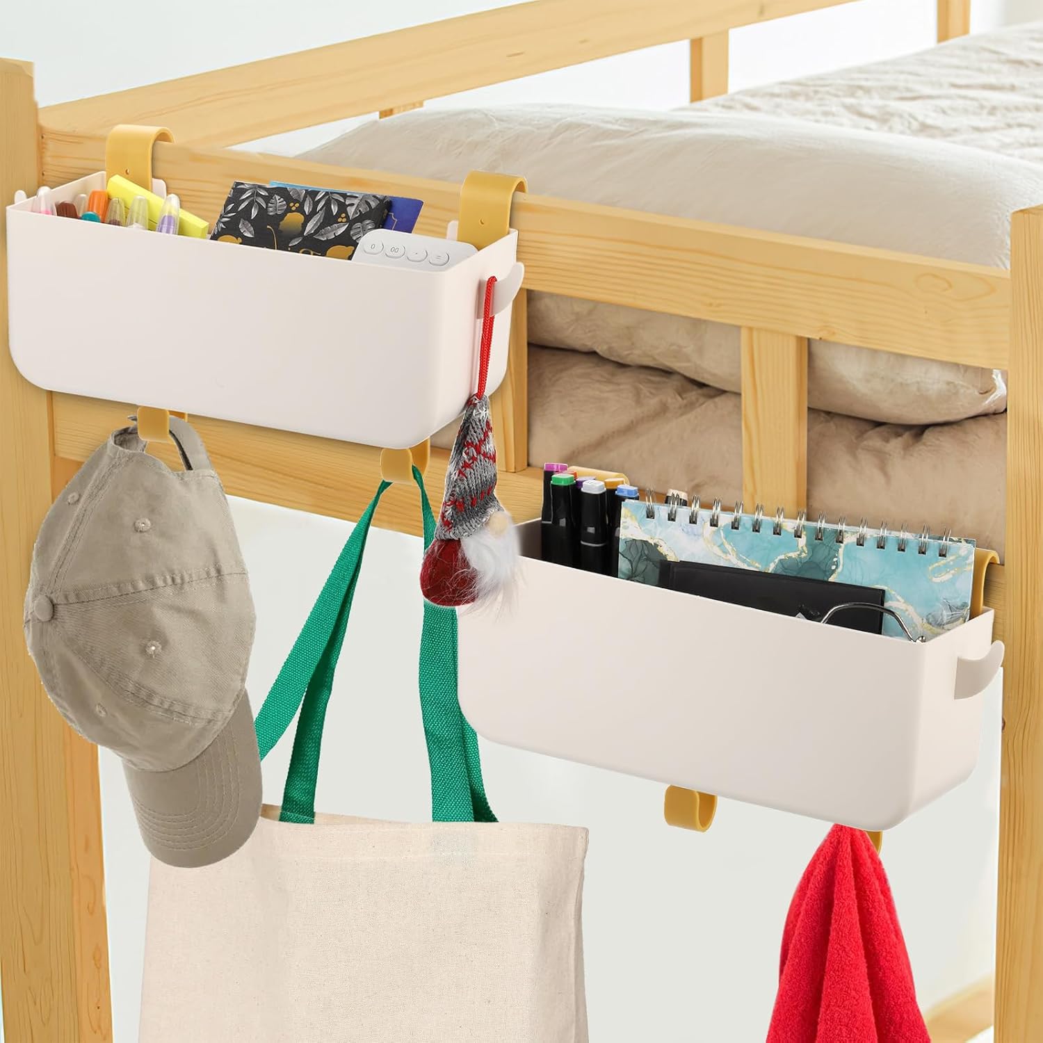 2 Pack Bedside Organizer Hanging Caddy, Bunk Bed Shelf Plastic Storage Basket with Hooks for Dorm, Bathroom Handrail