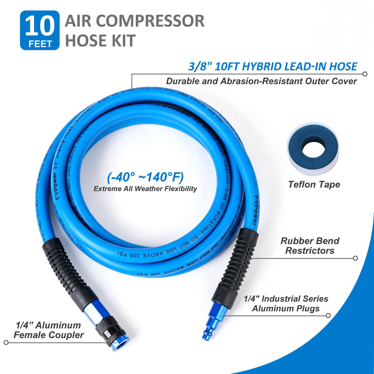 FYPower Hybrid Air Compressor Hose 3/8 in x 10 ft Short Air Hose