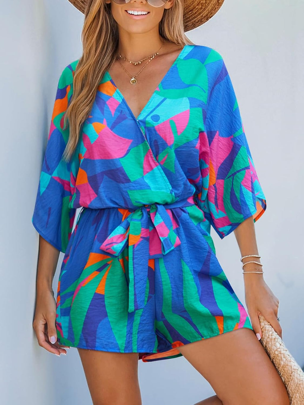 Women Summer Romper 2026 V Neck Tropical Mini Jumpsuit