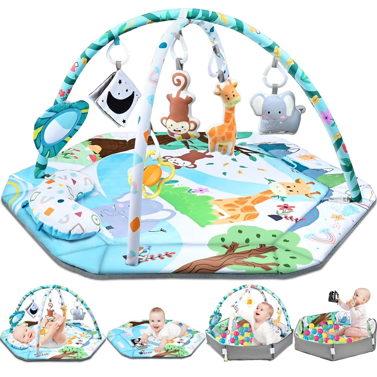 Baby Gym Play Mat, 8-in-1 Tummy Time Mat & Ball Pit with 6 Toys, Washable Baby Activity Play Mat for Visual, Hearing