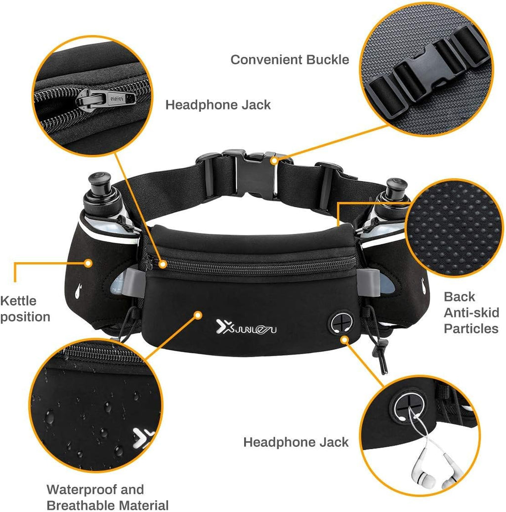Running Belt with Water Bottles(2 x 175ML), Hydration Belt Waterproof Waist Pack Bag Fits iPhones Adjustable Sports