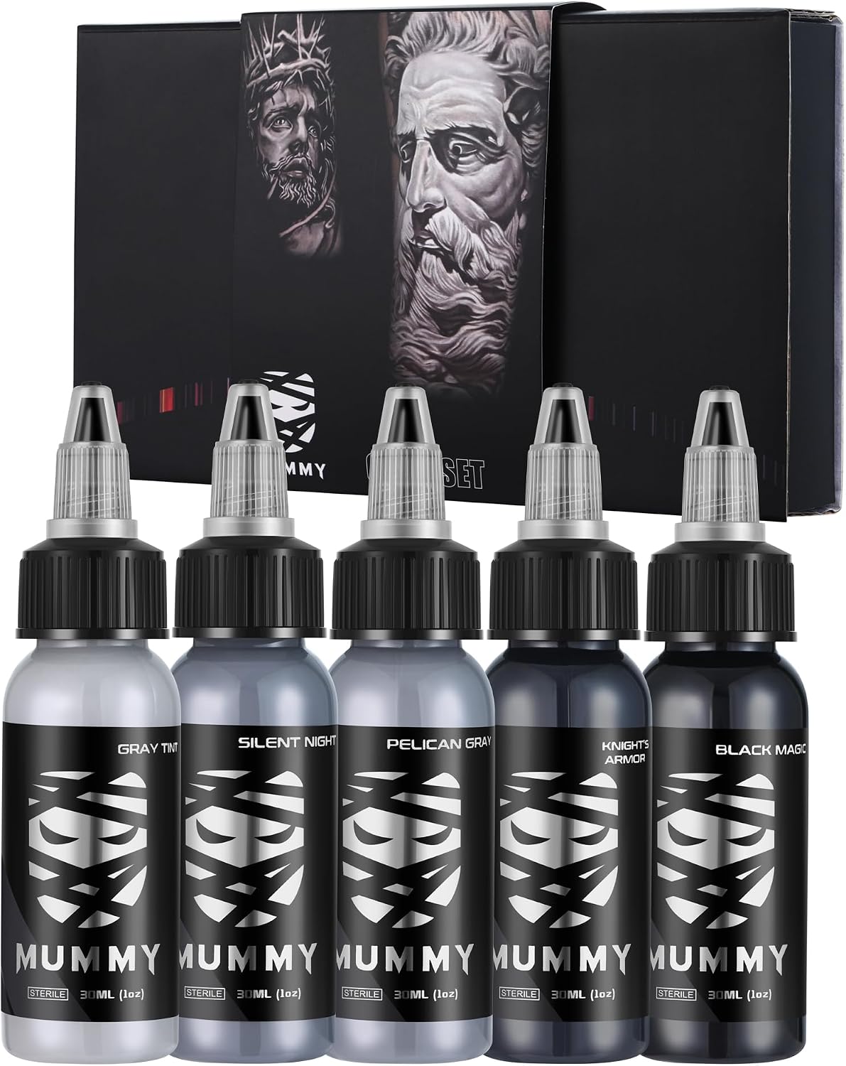 Grey Series Tattoo Ink Set - 5 Bottles (1 oz Each) Includes: Black Magic, Knight's Armor, Silent Night, Pelican Gray
