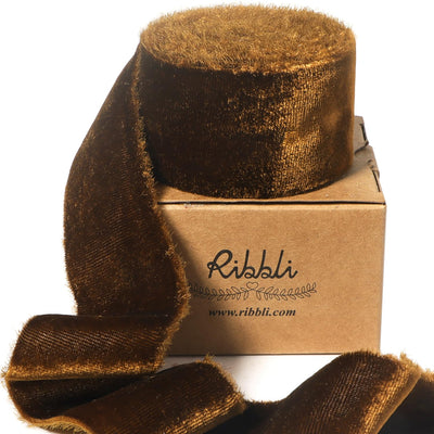 Brown Velvet Ribbon 1.5 Inch Handmade Frayed Vintage Christmas Ribbon for Gift Wrapping Christmas Tree Ornament