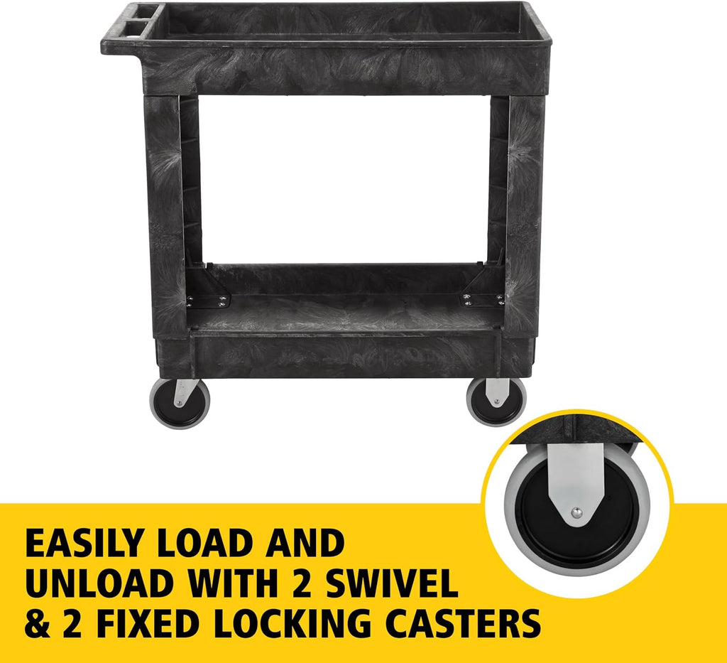 2-Shelf Utility/Service Cart, Medium, Black, Lipped Shelves, Ergonomic Handle, 500 lbs. Capacity, for