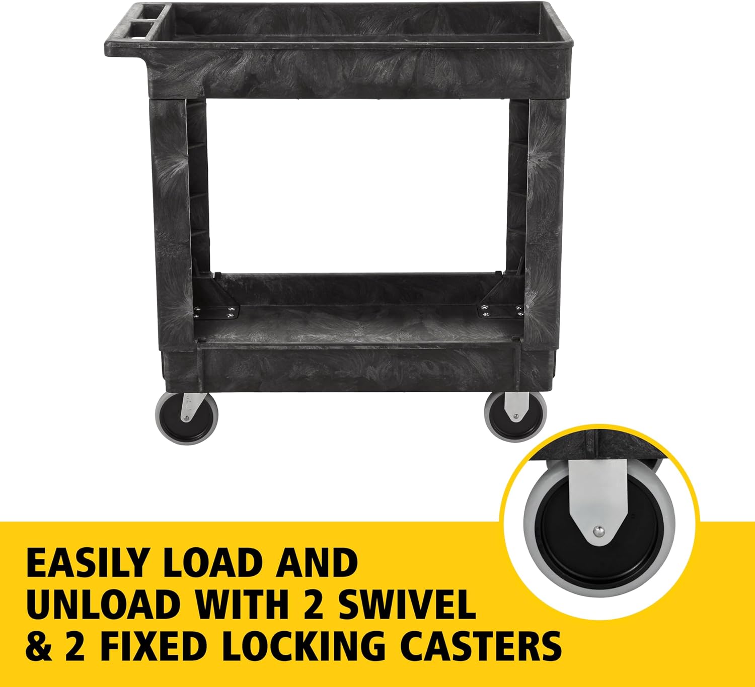 2-Shelf Utility/Service Cart, Medium, Black, Lipped Shelves, Ergonomic Handle, 500 lbs. Capacity, for