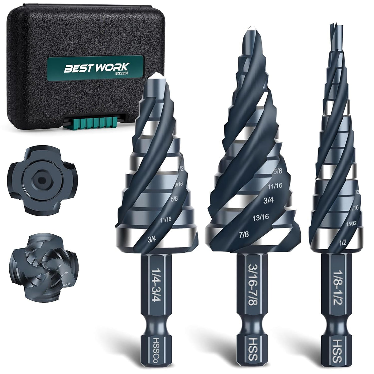 3-Piece Unibit Step Drill Bit for Metal, HSS Step Bit Set, 1/8"-7/8"