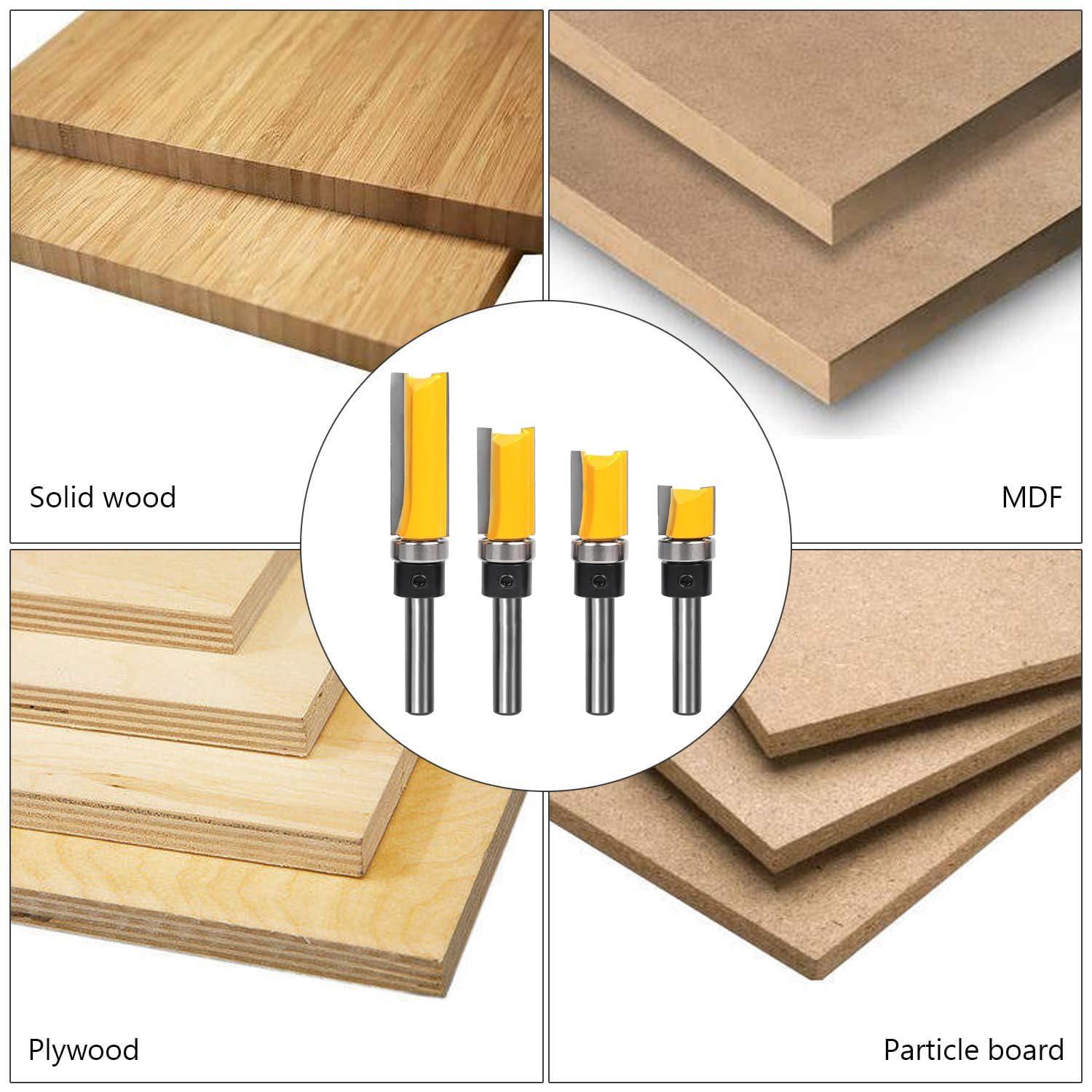 Pattern Flush Trim Bit 4 Pcs Router Bits，Top Bearing Flush Trim Bits Set，1/4 Inch Shank ,Cutting Length 1/2", 3/4"