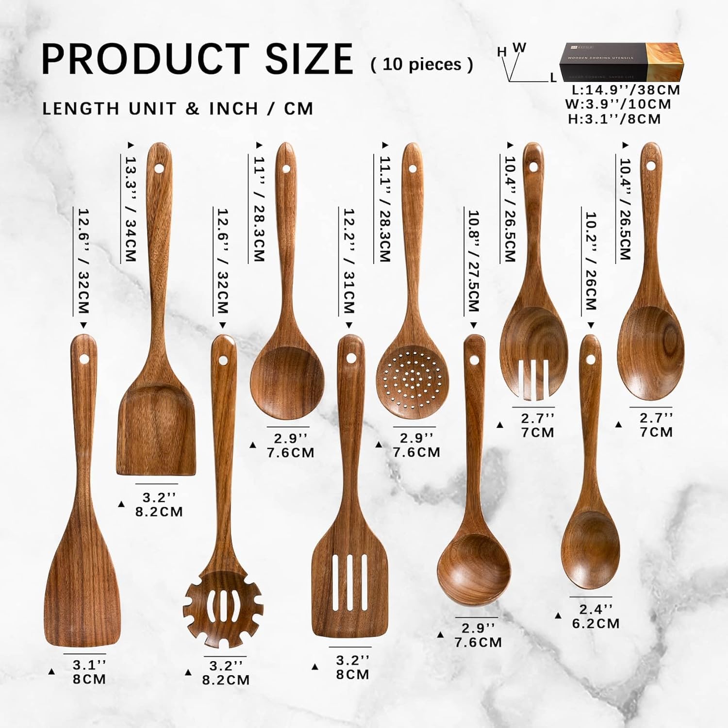Wooden Spoons for Cooking, Nonstick Cooking Utensil Set with 10 Piece Acacia Wooden Spatulas and Spoons for Cooking