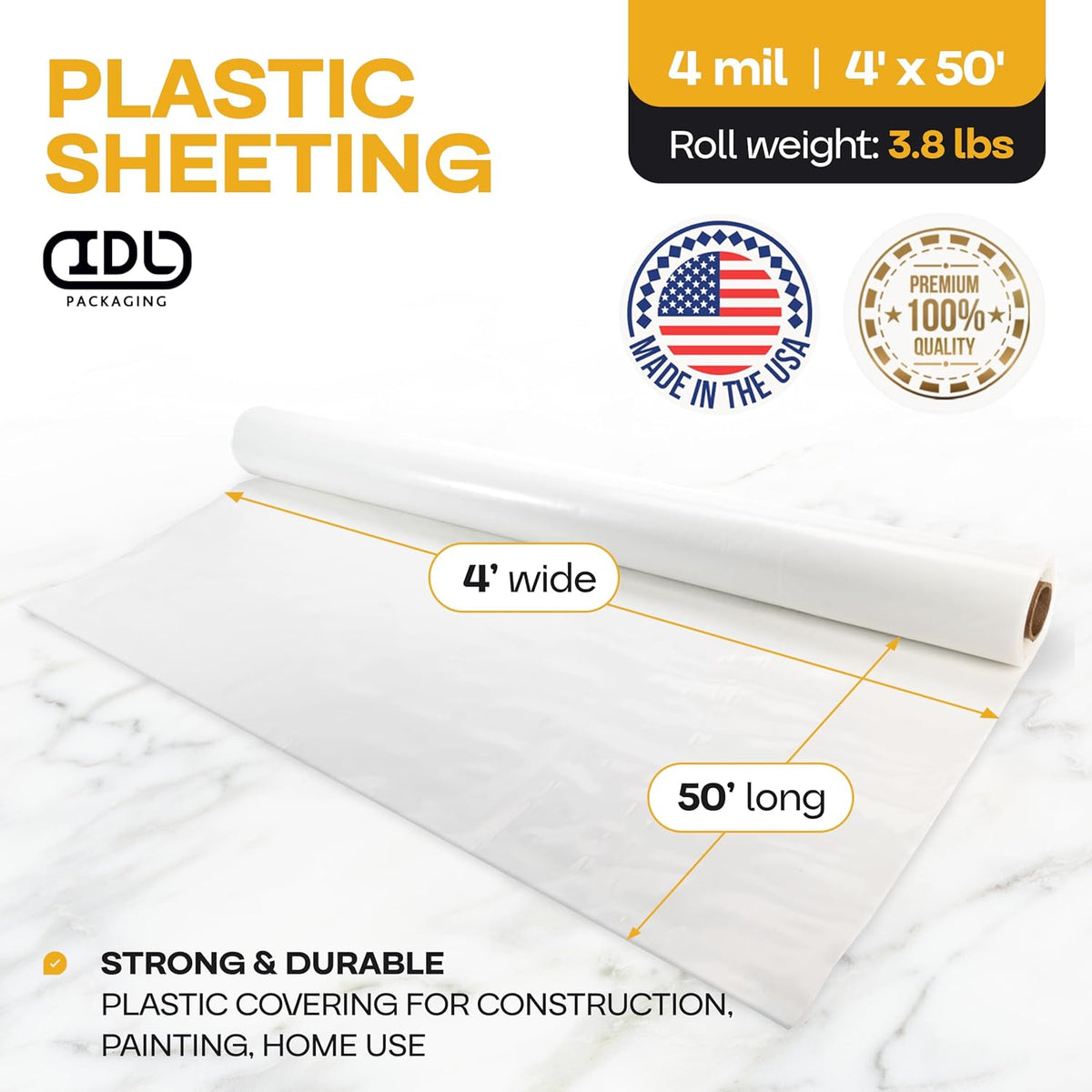 Clear 4 mil Plastic Sheeting for Painting, 4' x 50' (200 sq. ft.) LDPE Film Roll - Heavy-Duty Thick Polyethylene for