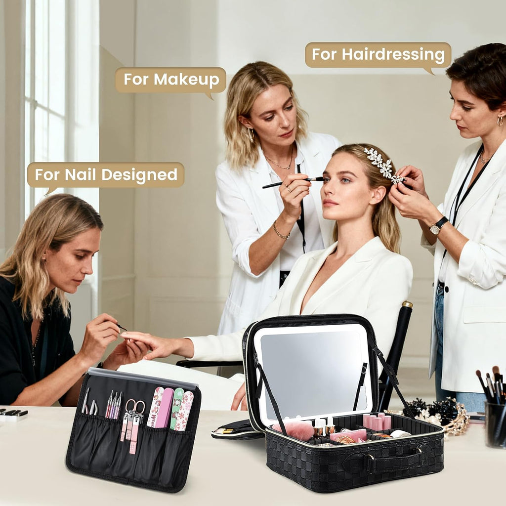 Makeup Bag with LED Lighted Mirror 12.2 IN Cosmetic Train Case Double Layer Makeup Case Adjustable Brightness in 3